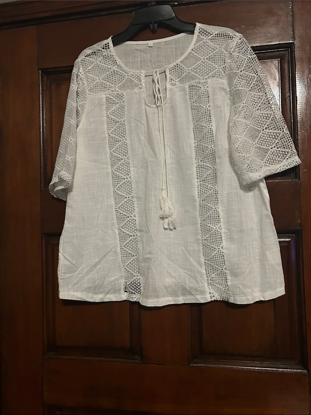 White Crochet Panel Peasant Top with Tie